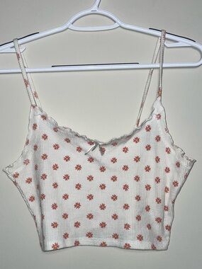PACSUN M Ivory Pink Floral Bow Front Ruffle Hem Cotton Blend Crop Top Coquette